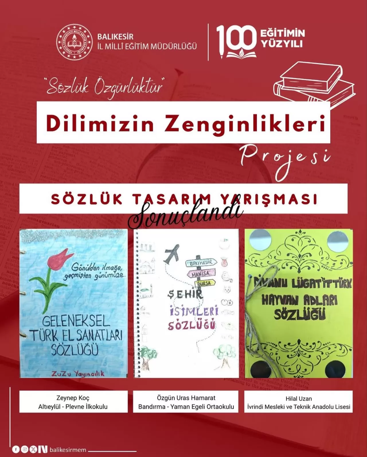 Balıkesir'de Dilimizin Zenginlikleri Projesi Sözlük Tasarım Yarışması'nın Kazananları Belli Oldu