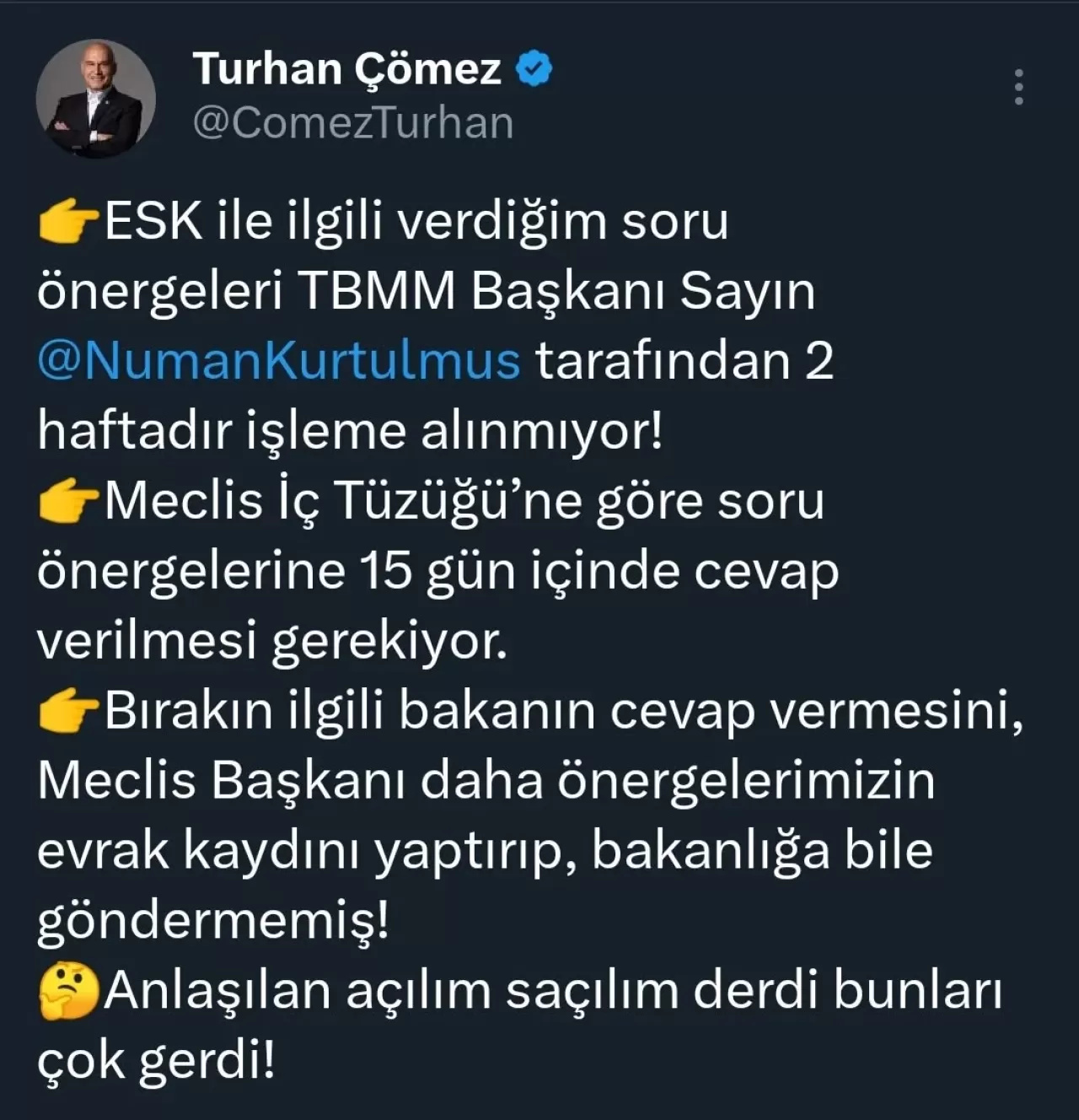 İYİ Partili Çömez'den Meclis Başkanı'na Soru Önergesi Tepkisi