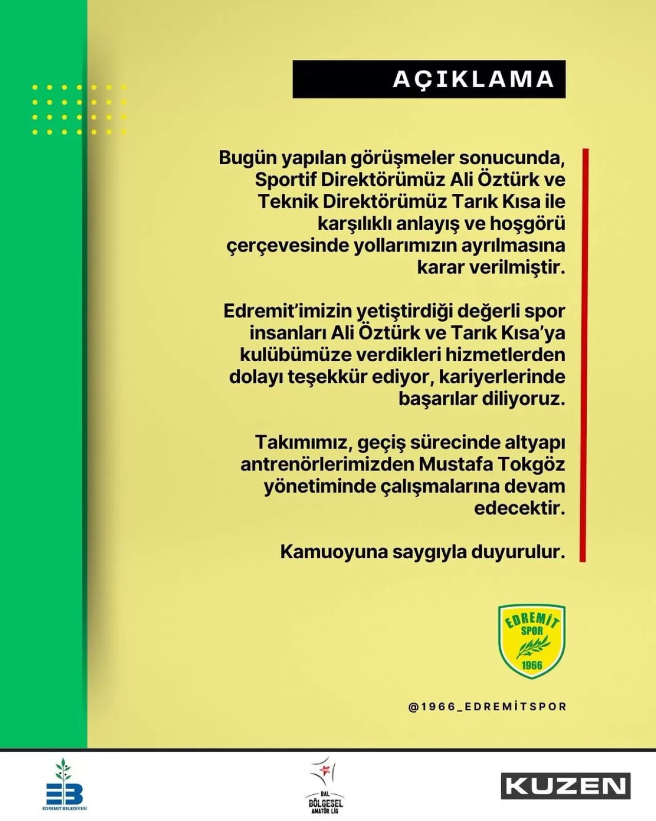 Edremitspor'da Teknik Ekip ile Yollar Ayrıldı