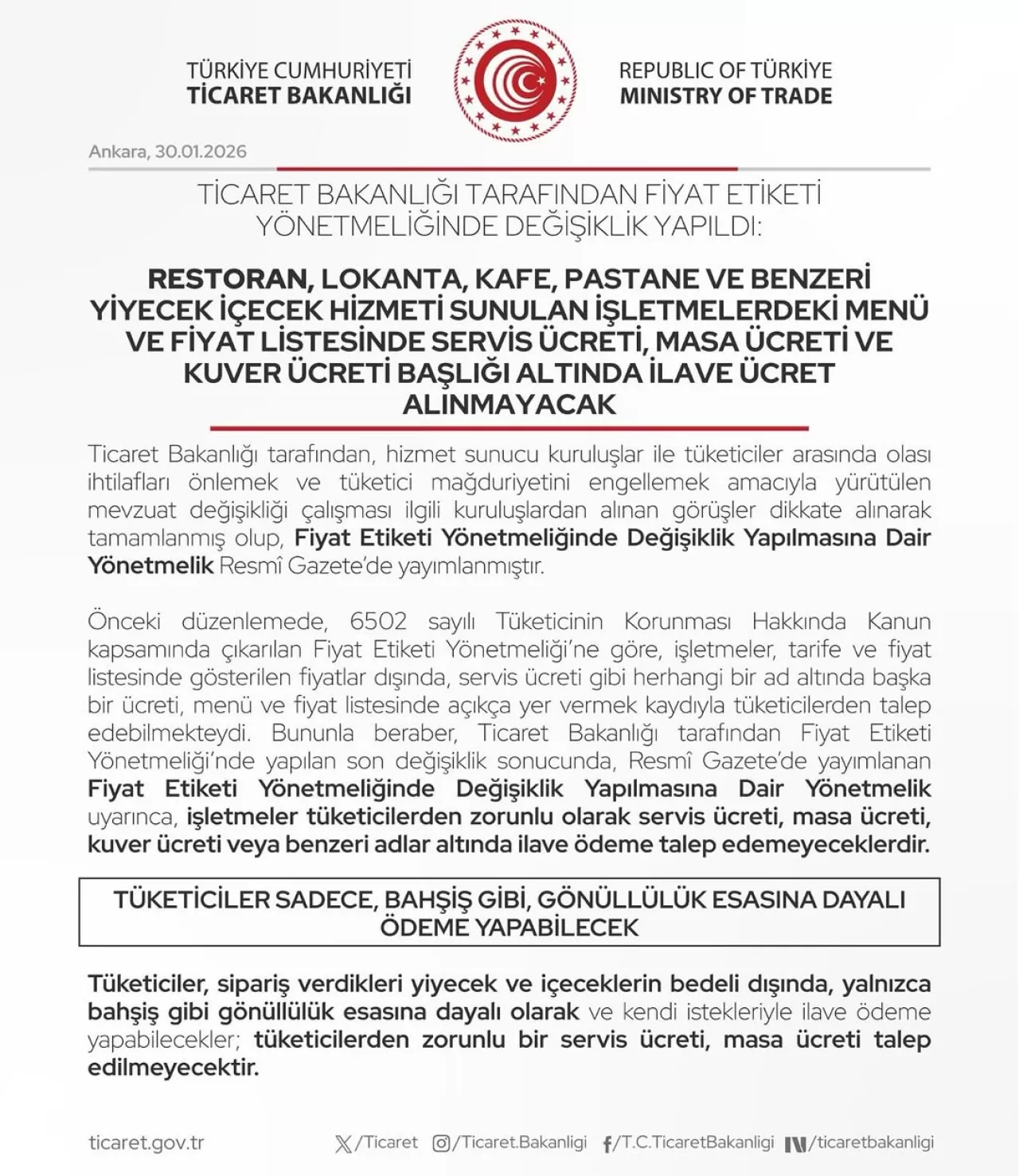 Restoranlarda Servis Ücreti Yasaklandı