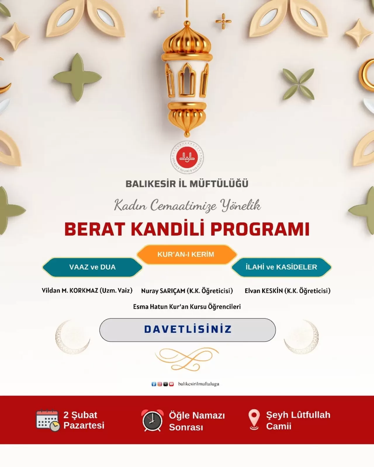 Balıkesir'de Kadın Cemaate Özel Berat Kandili Programı