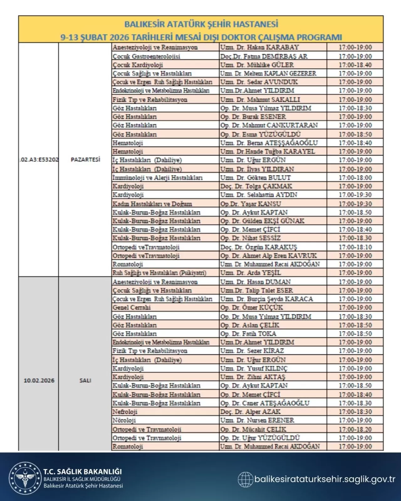 Atatürk Şehir Hastanesi'nde Mesai Dışı Doktor Programı Açıklandı