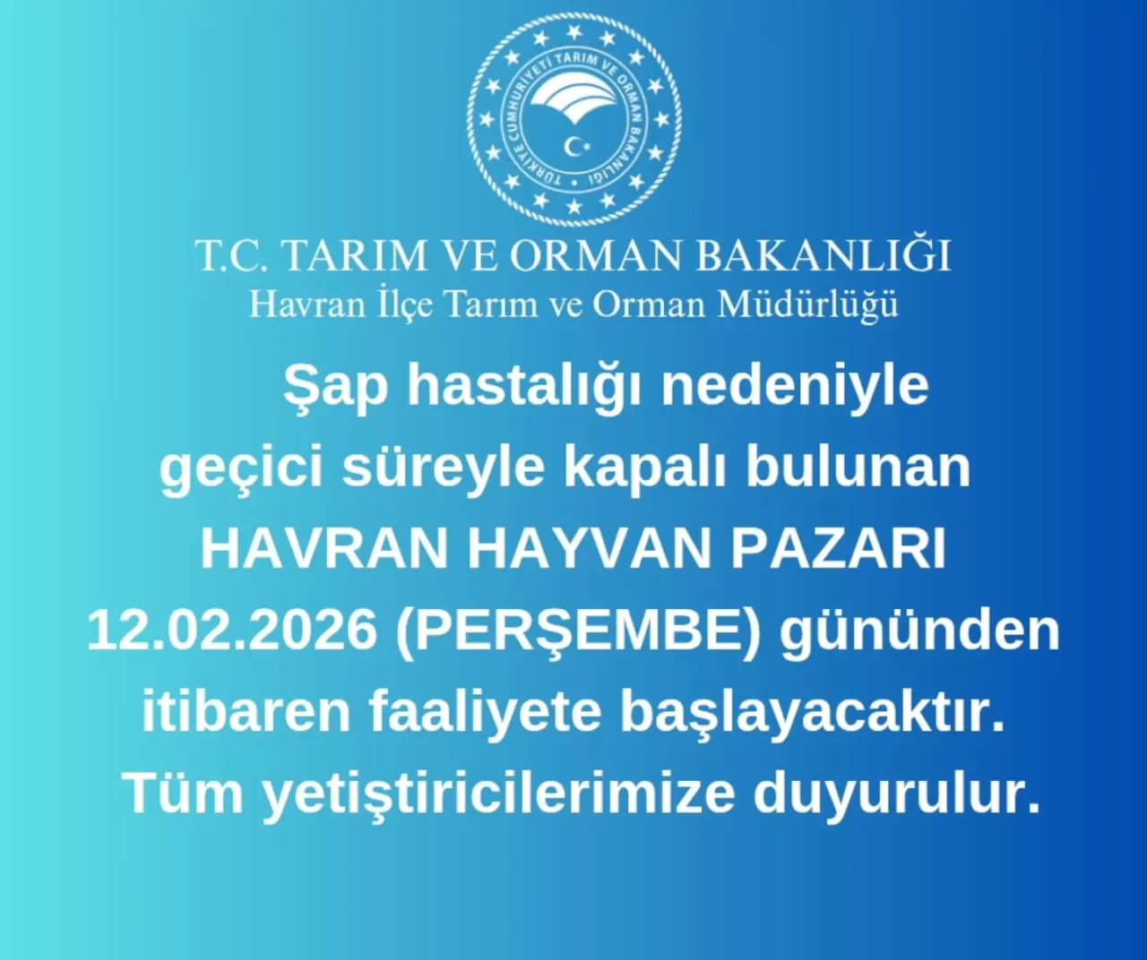 Havran'da Hayvan Pazarı Perşembe Günü Açılıyor