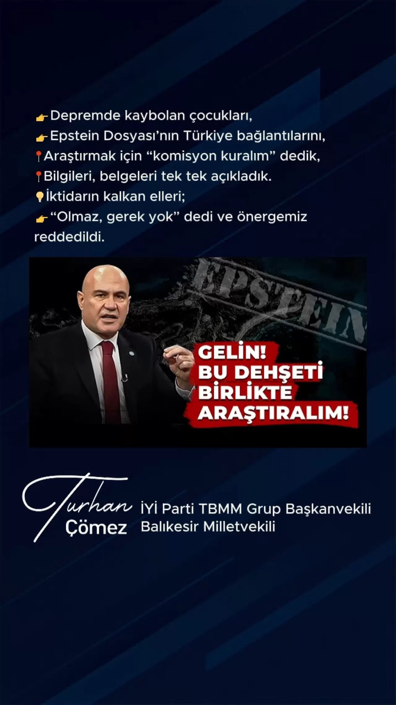 İYİ Parti Milletvekili Çömez'den Depremde Kaybolan Çocuklar ve Epstein Dosyası İçin Komisyon Önerisi Reddedildi