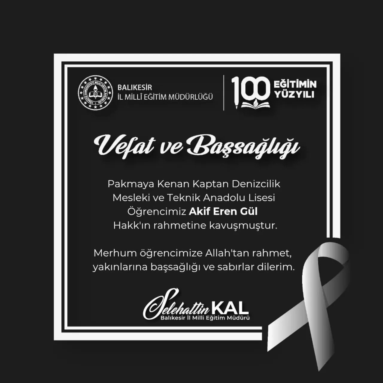 Balıkesir İl Milli Eğitim Müdürlüğü'nden Taziye Mesajı