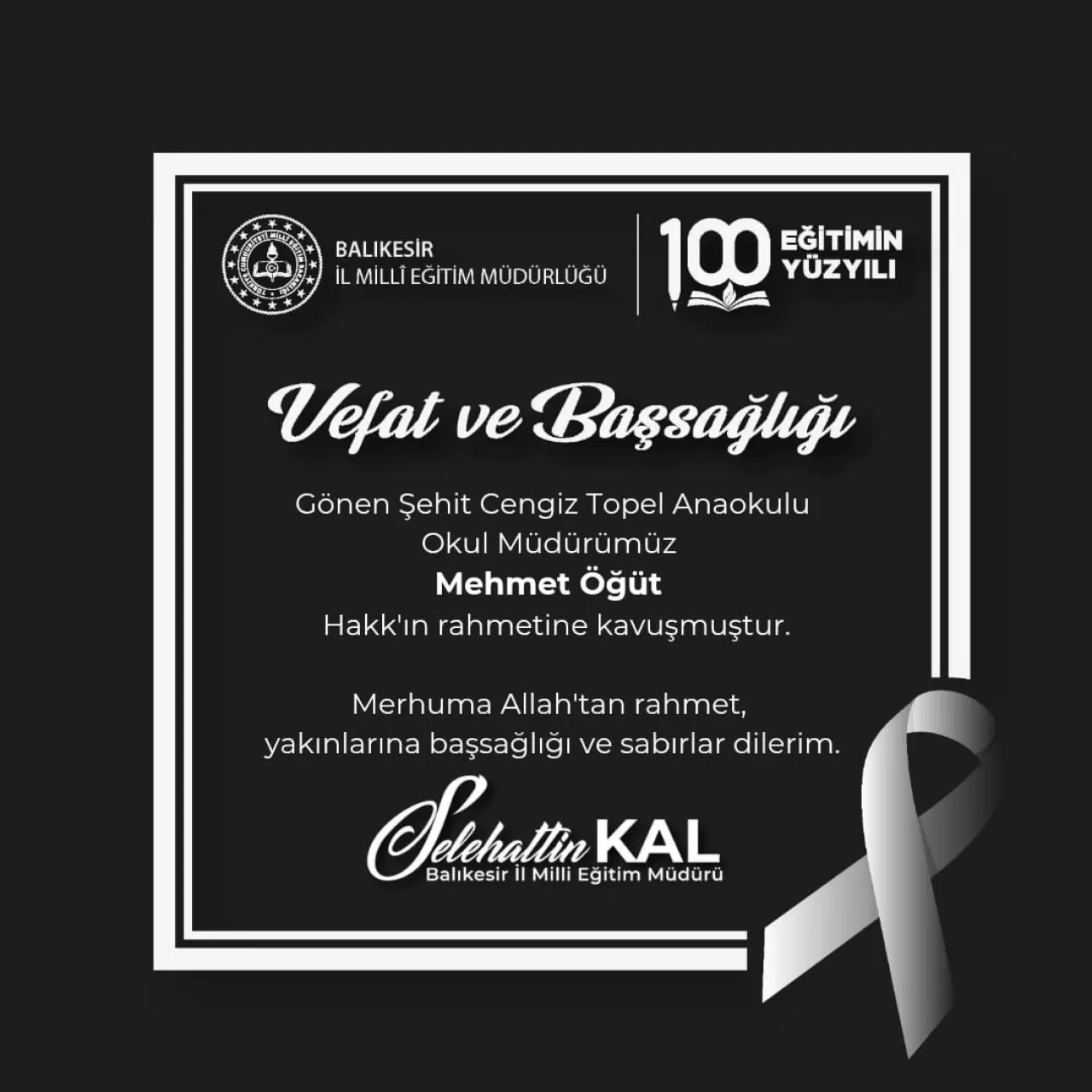 Balıkesir İl Milli Eğitim Müdürlüğü'nden Taziye Mesajı