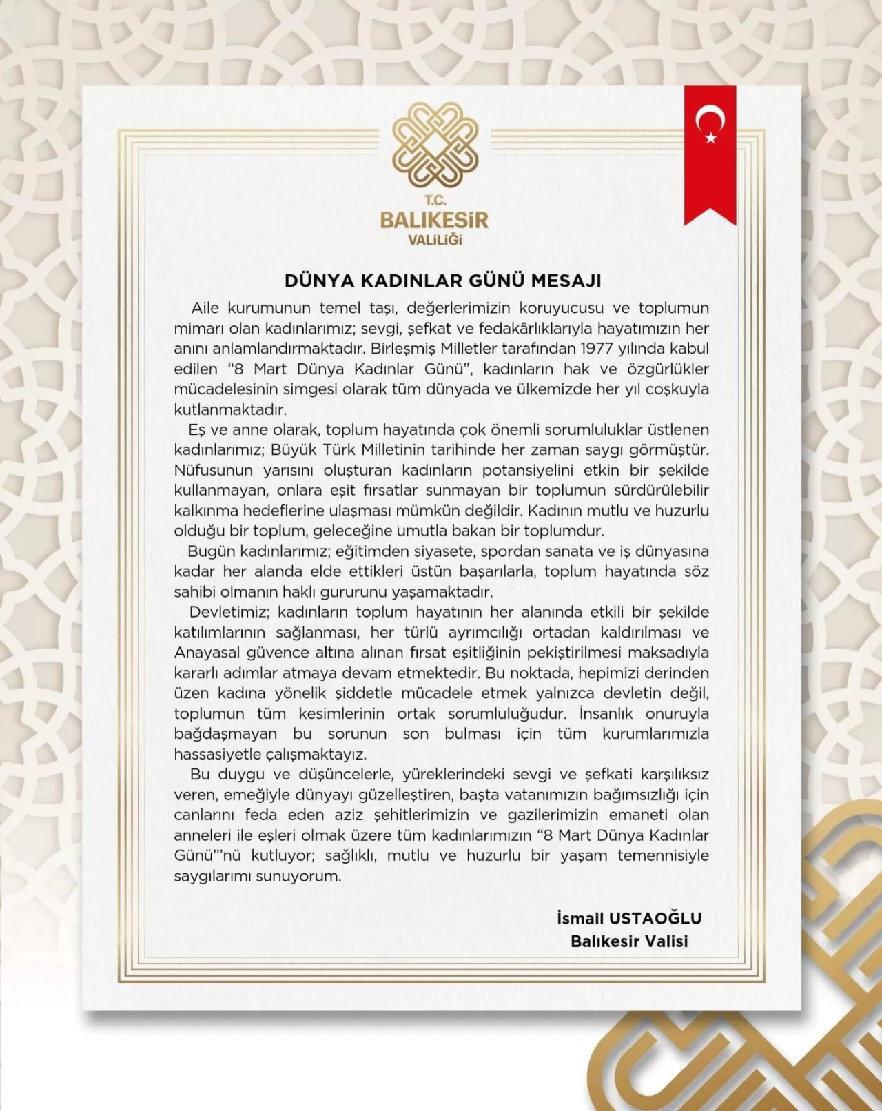 Balıkesir Valisi Ustaoğlu'ndan 8 Mart Dünya Kadınlar Günü Mesajı