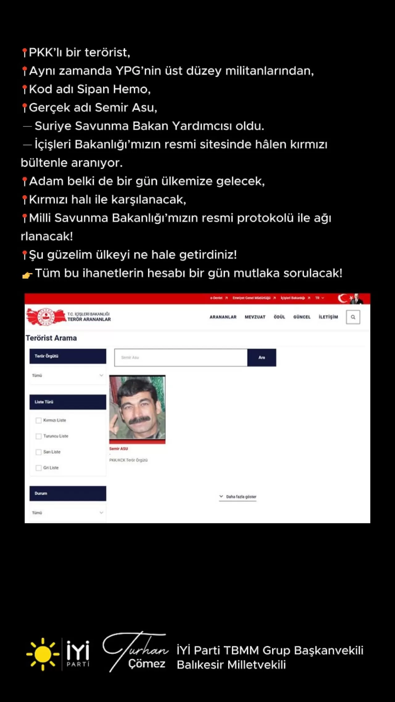 İYİ Partili Çömez'den Suriye'deki Terör Bağlantılı Atamaya Tepki