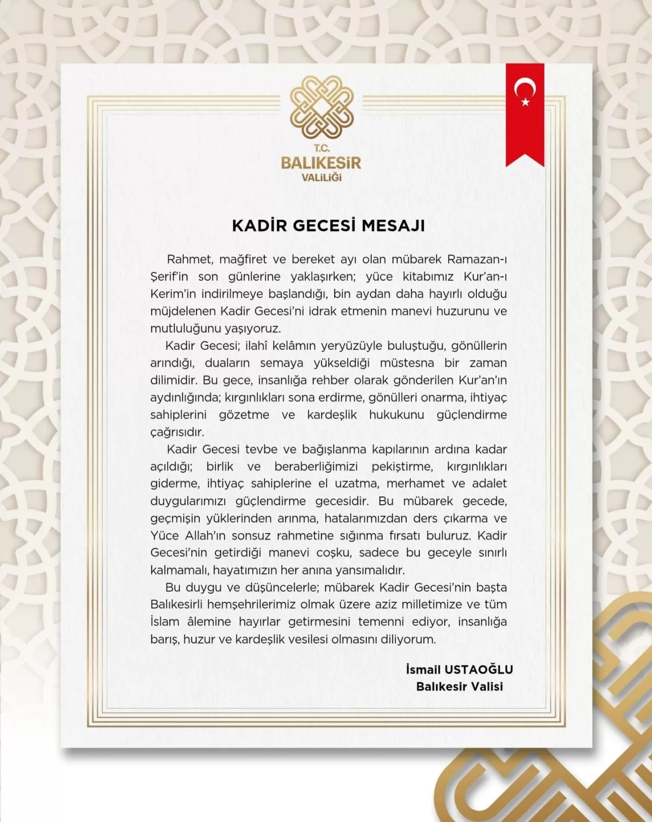 Balıkesir Valisi Ustaoğlu'ndan Kadir Gecesi Mesajı