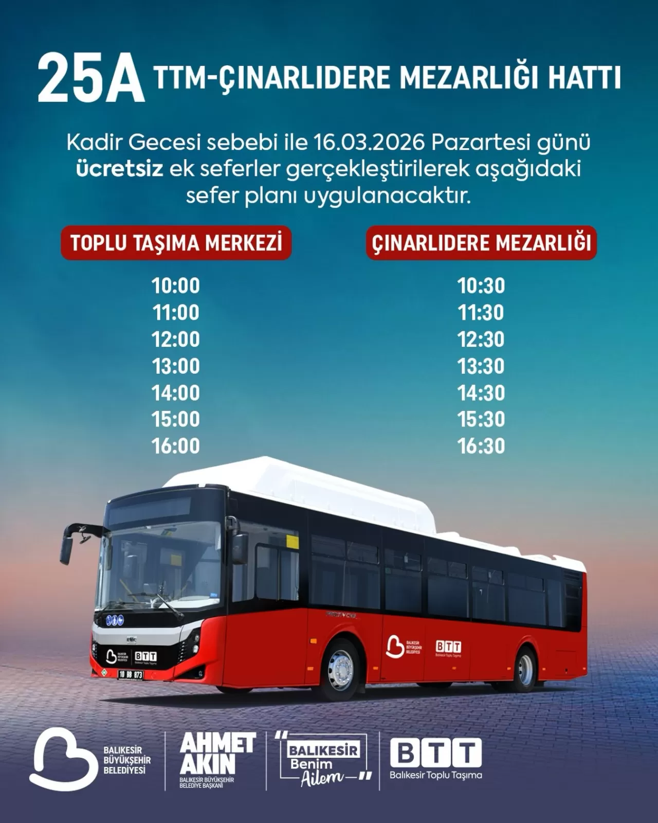 Balıkesir'de Kadir Gecesi'nde Ücretsiz Toplu Ulaşım Desteği