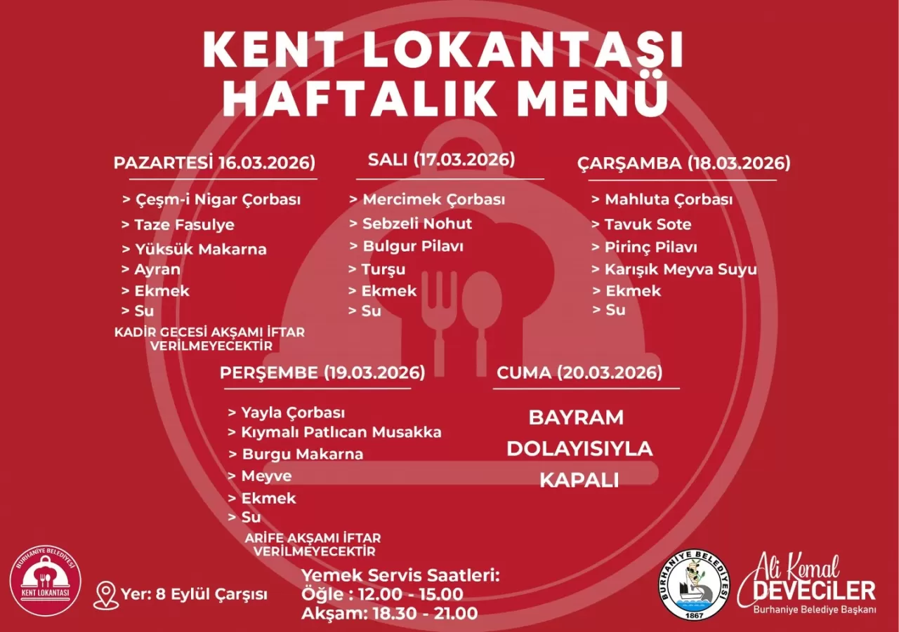 Burhaniye Kent Lokantası'nın Haftalık Menüsü Açıklandı