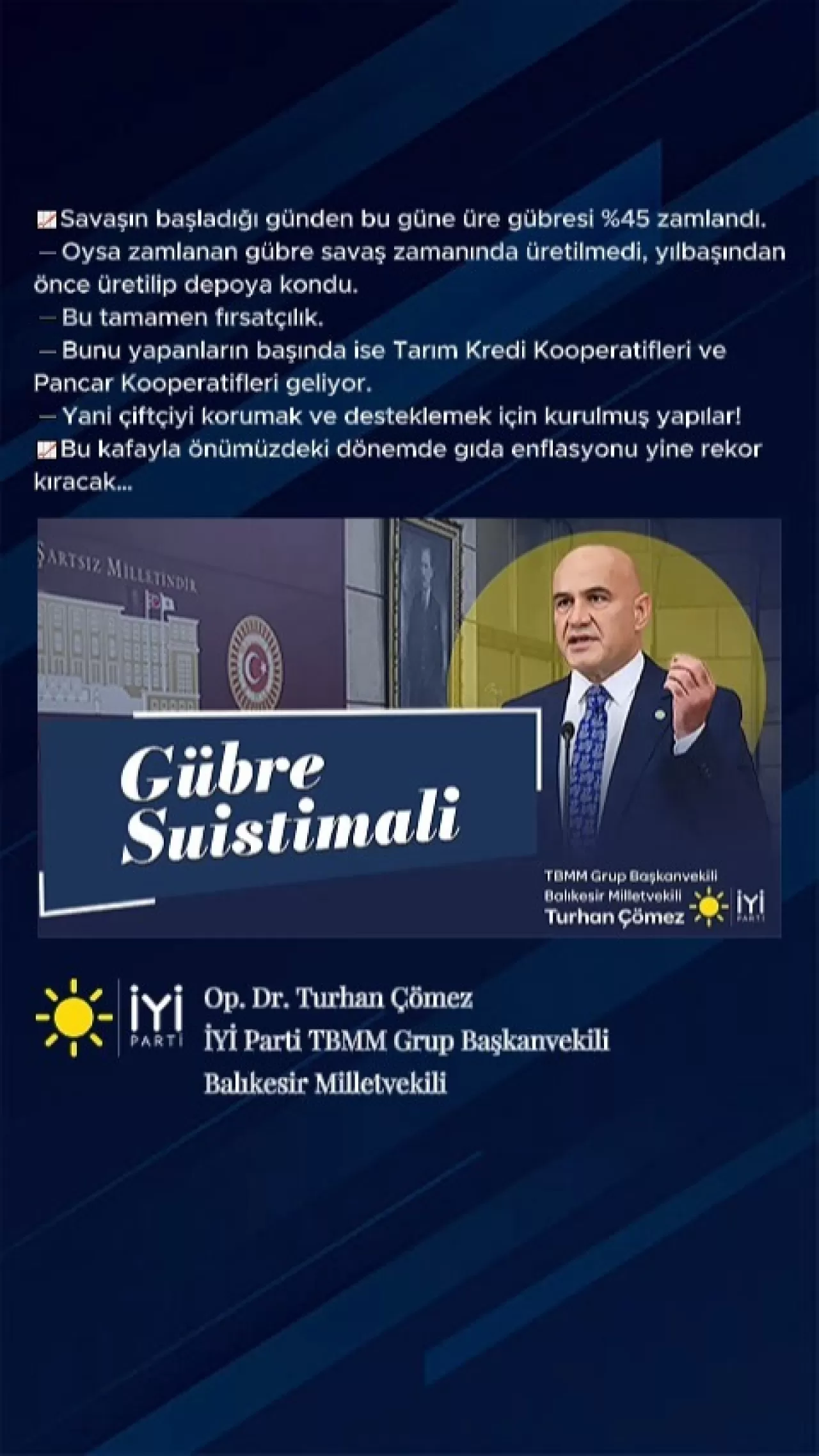 İYİ Partili Çömez'den Gübre Zammına Sert Tepki: "Tamamen Fırsatçılık"