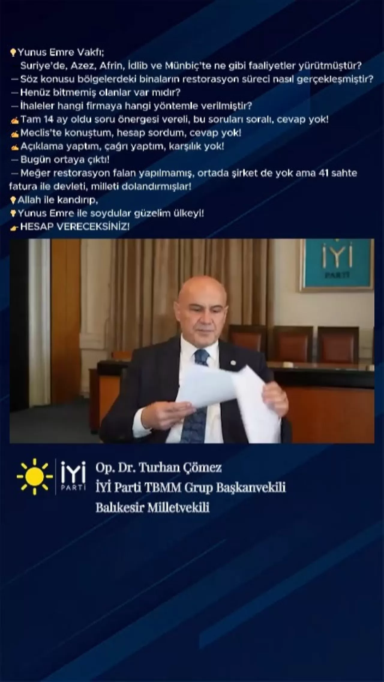 Çömez'den Yunus Emre Vakfı'na İlişkin Ciddi İddialar: 41 Sahte Fatura İddiası