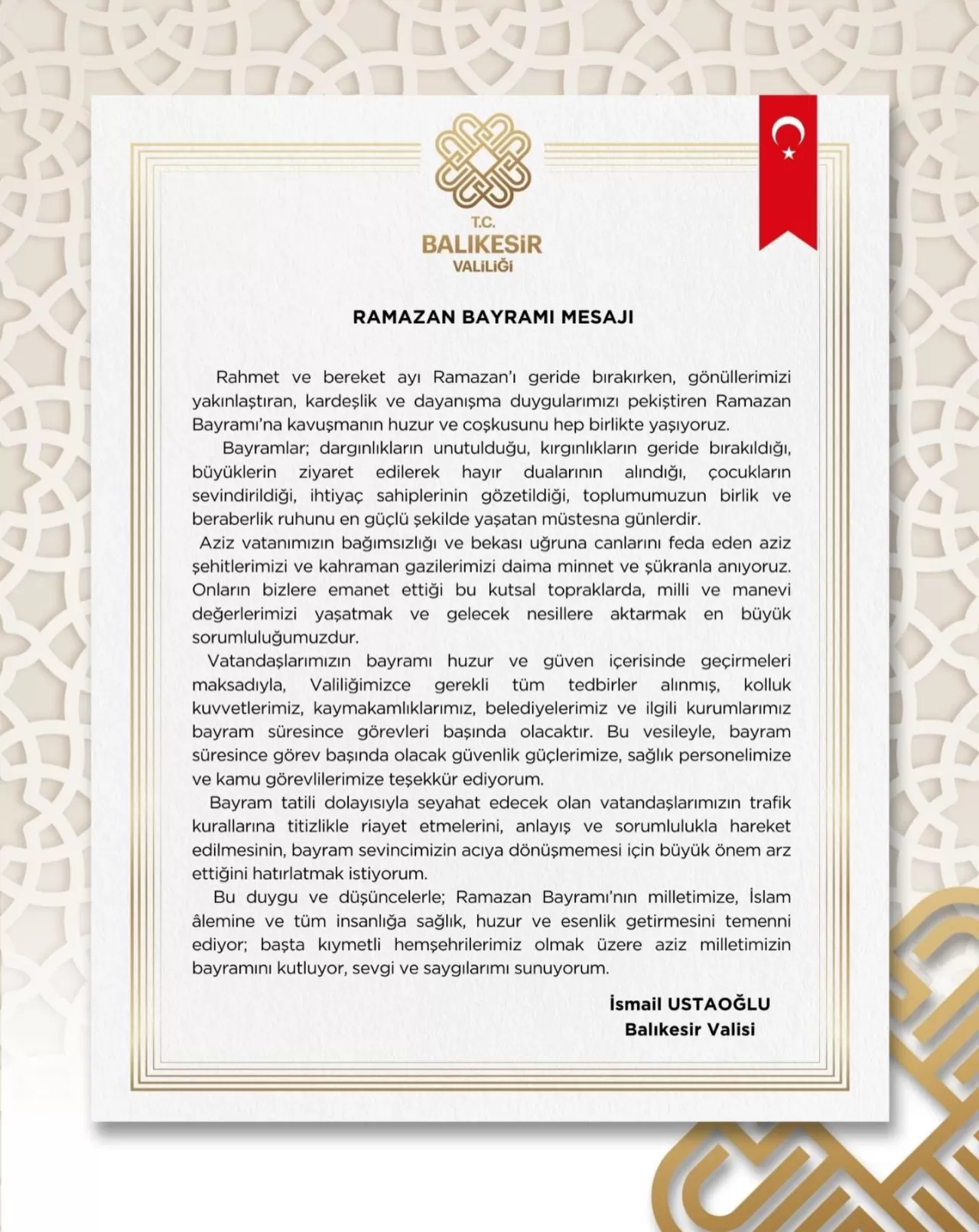 Vali İsmail Ustaoğlu Ramazan Bayramı'nda Birlik Mesajı Verdi