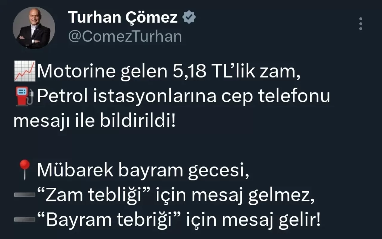 İYİ Partili Çömez'den Bayram Gecesi Motorin Zam Eleştirisi