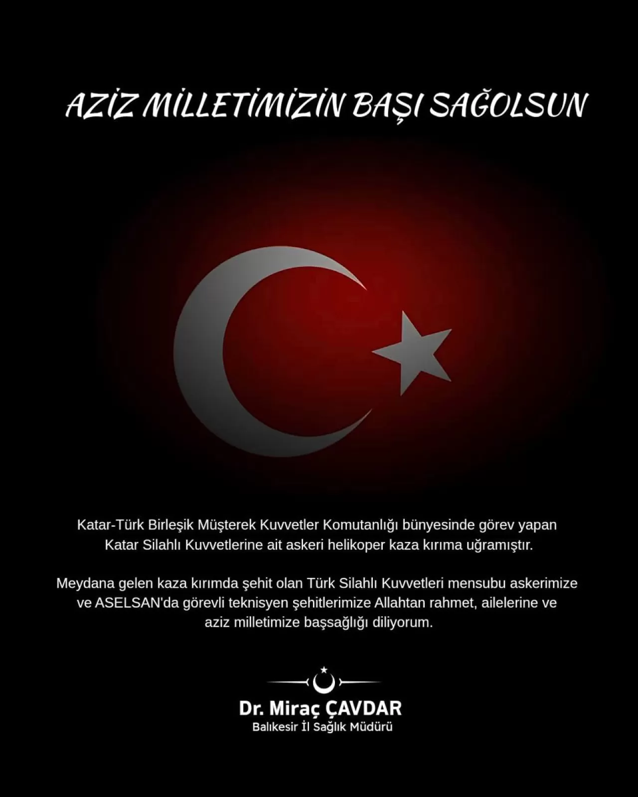 Balıkesir İl Sağlık Müdürlüğü'nden Taziye Mesajı