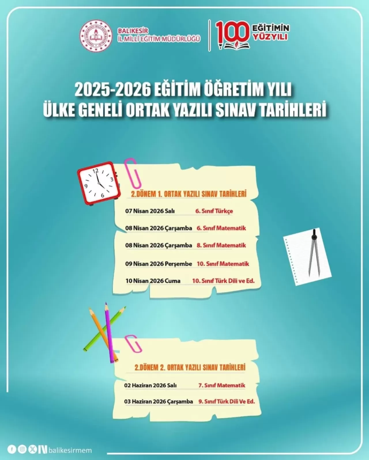 2025-2026 Eğitim Yılı İkinci Dönem Ortak Sınav Tarihleri Belli Oldu
