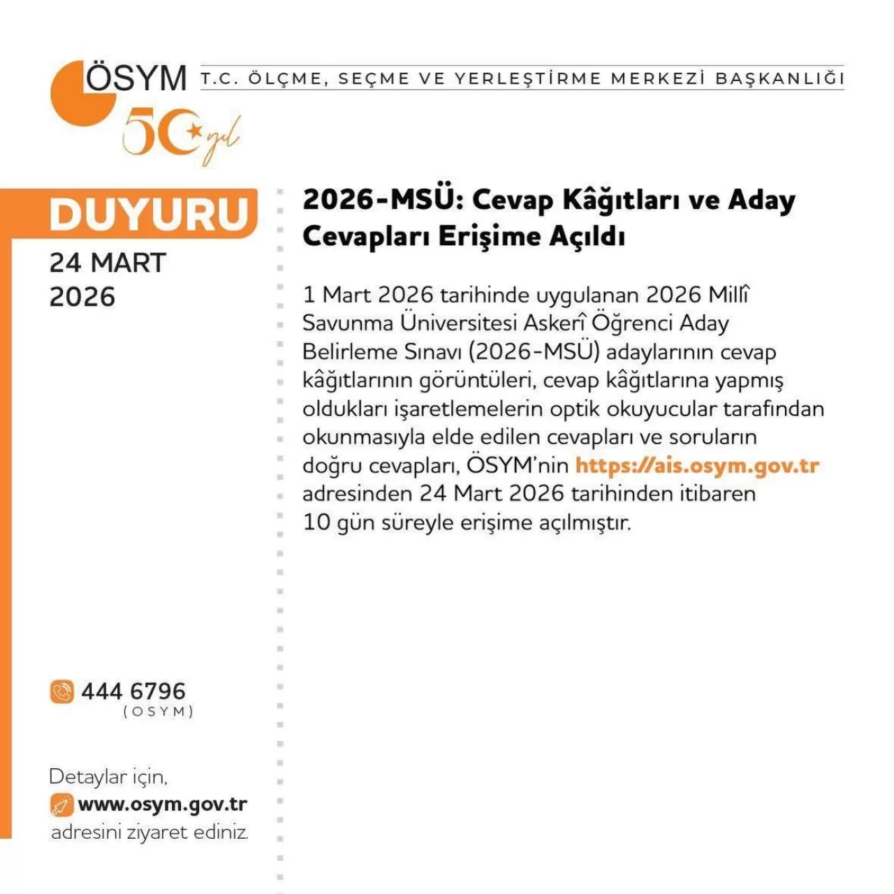 2026 MSÜ Cevap Kâğıtları ve Aday Cevapları Erişime Açıldı