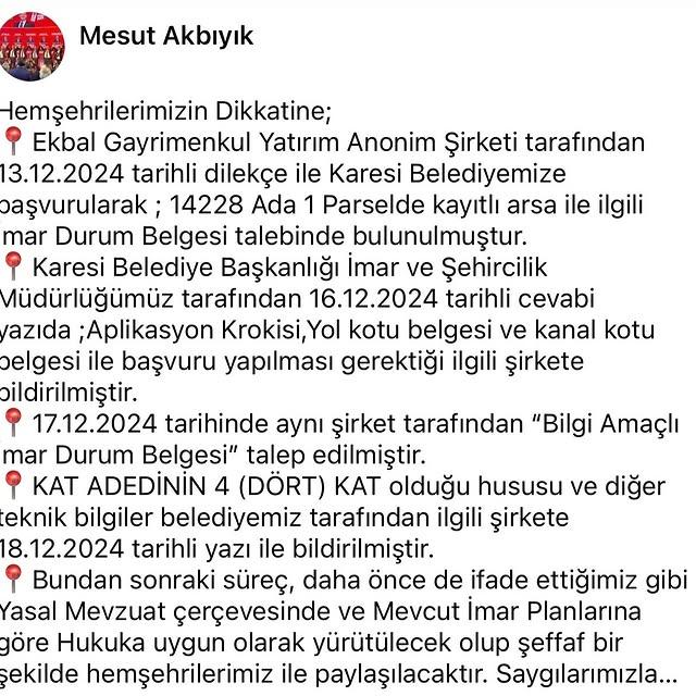 Karesi Belediyesi'nden Ekbal Gayrimenkul'e İmar Yanıtı