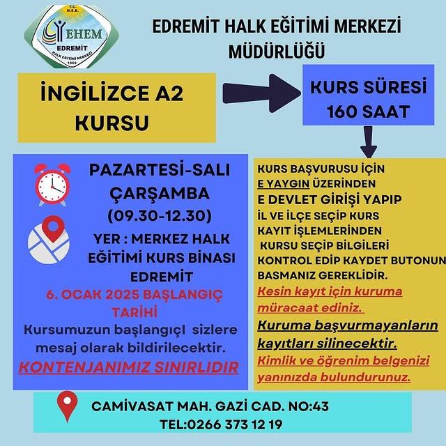 Edremit Halk Eğitimi Merkezi'nde İngilizce A2 Kursu Başvuruları Başladı