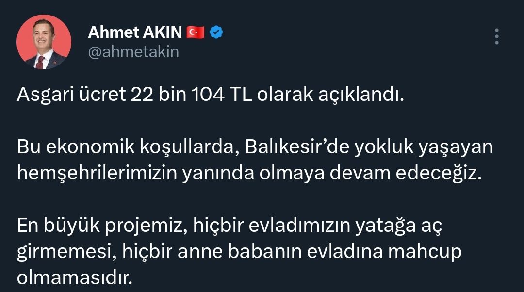 Balıkesir Büyükşehir Belediye Başkanı Ahmet Akın'dan Asgari Ücret Açıklaması