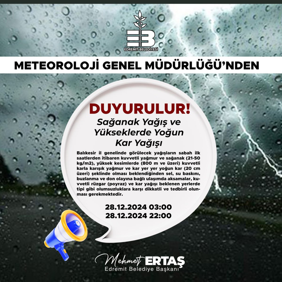 Edremit Belediyesi'nden Meteorolojik Uyarı