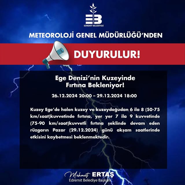 Edremit Belediyesi'nden Vatandaşlara Meteorolojik Uyarı