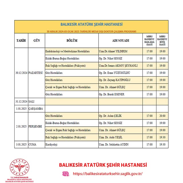 Balıkesir Atatürk Şehir Hastanesi'nde Yıl Sonu Ek Mesai Düzeni