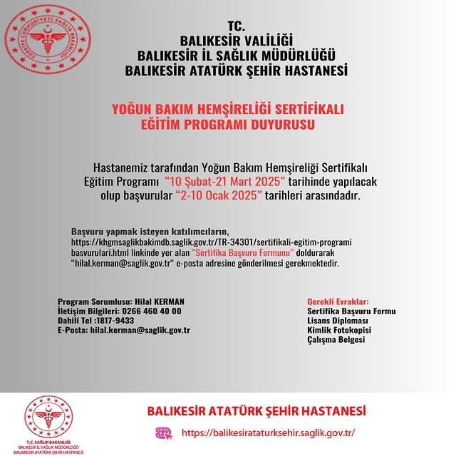 Balıkesir'de Yoğun Bakım Hemşireliği Sertifika Programı Başlıyor