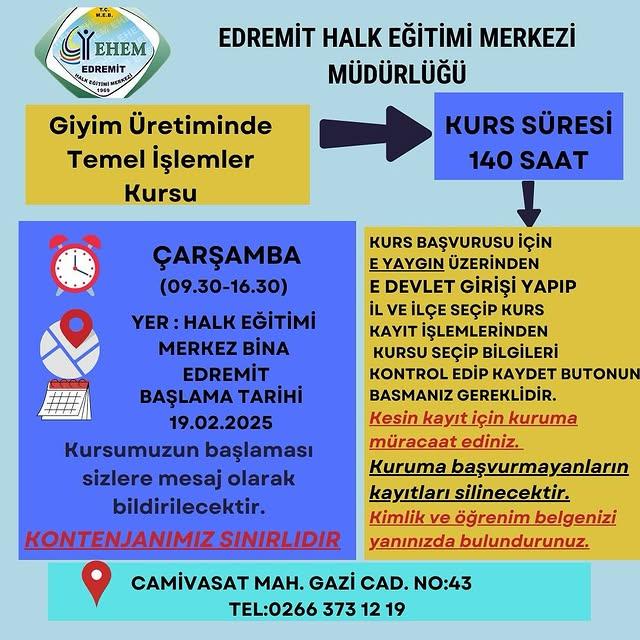 Edremit Halk Eğitimi Merkezi'nde Yeni Kurslar Başlayacak