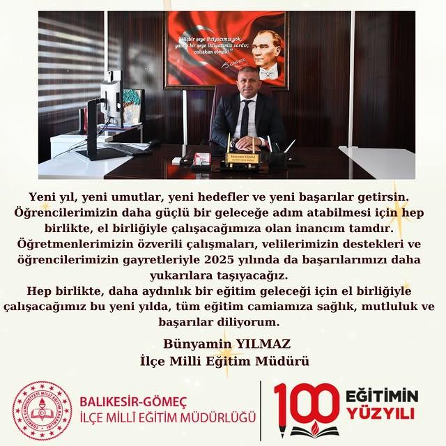 Gömeç İlçe Milli Eğitim Müdürü Bünyamin Yılmaz'dan Yeni Yıl Mesajı