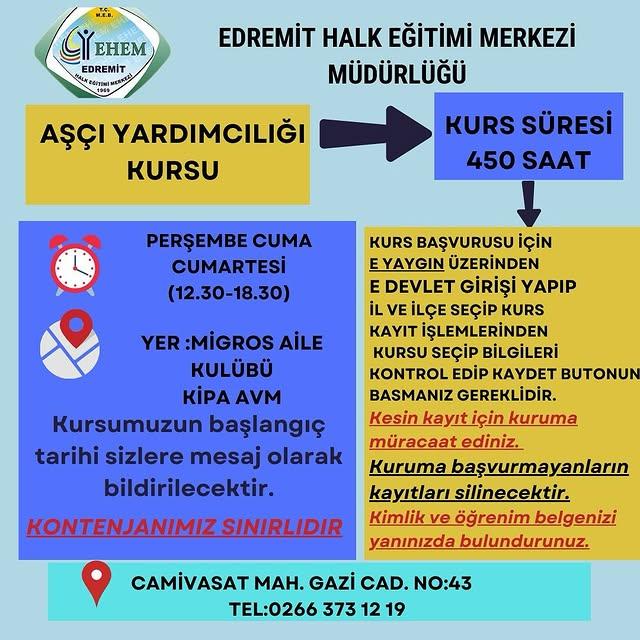 Edremit'te Aşçı Yardımcılığı Kursu Fırsatı