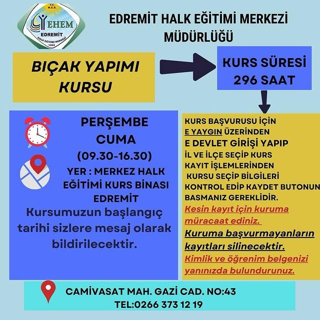 Edremit Halk Eğitimi'nden Unutulmaya Yüz Tutmuş Mesleklere Destek: Bıçak Yapımı Kursu Açılıyor