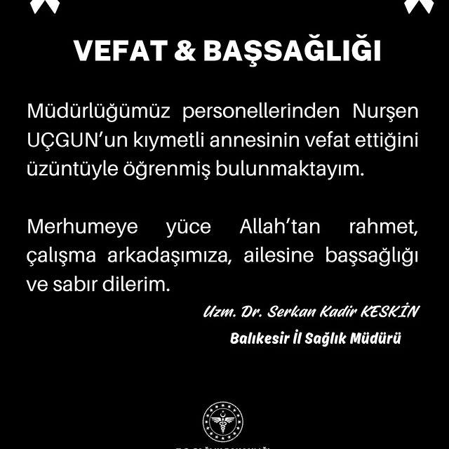 Balıkesir İl Sağlık Müdürlüğü'nden Başsağlığı Mesajı