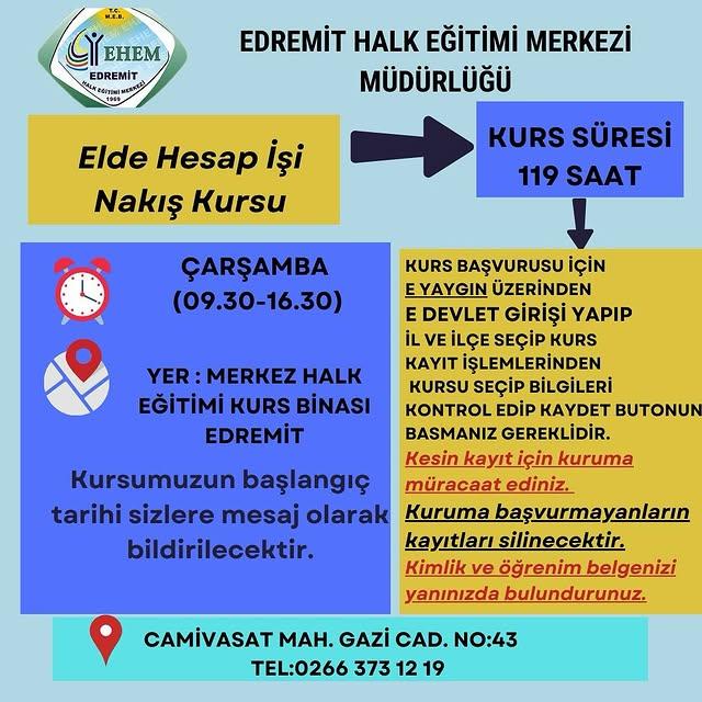 Edremit Halk Eğitimi Merkezi'nde Nakış Kursları Başlıyor