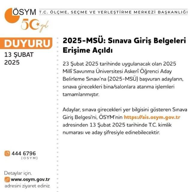 MSÜ Adayları İçin Sınav Giriş Belgeleri Yayınlandı