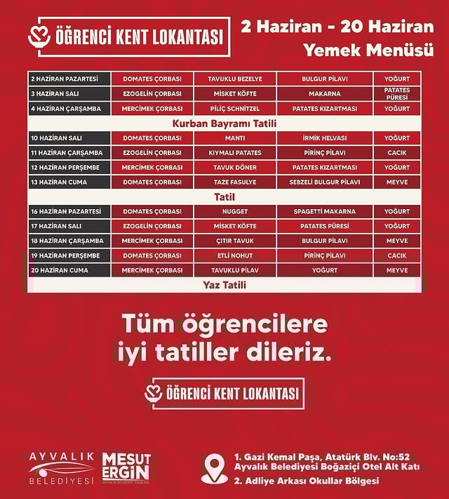 Ayvalık Belediyesi Öğrenci Kent Lokantası Haziran Menüsü Açıklandı