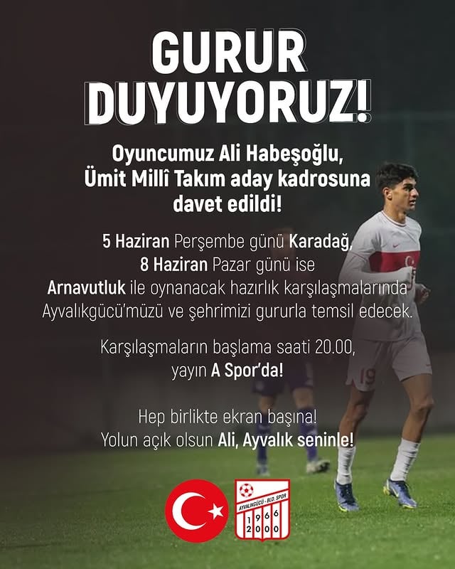 Ayvalıkgücü Belediyespor'dan Ümit Milli Takım'a Davet