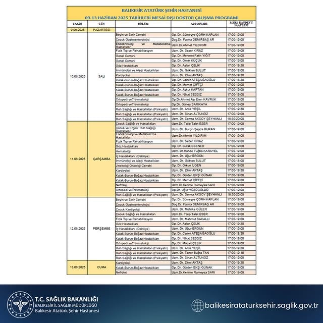 Balıkesir Atatürk Şehir Hastanesi Mesai Dışı Doktor Çalışma Programı Açıklandı