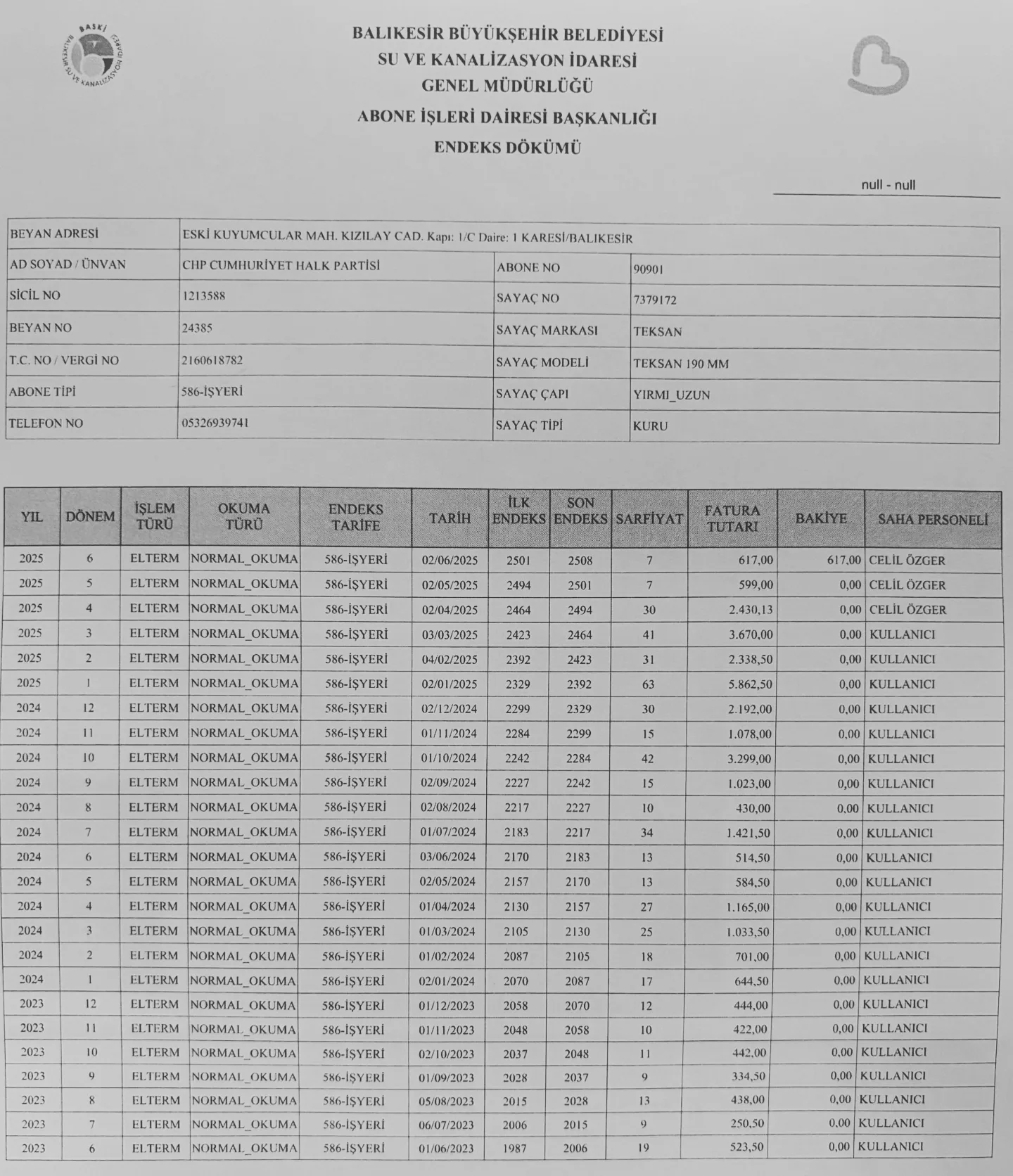 CHP Balıkesir İl Başkanlığı Sayaç İddialarına Yanıt Verdi: Su Faturaları Düzenli Ödeniyor