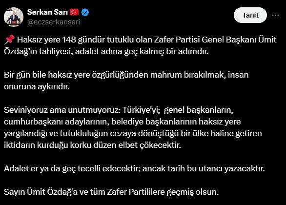 CHP'li Sarı'dan Özdağ'a Geçmiş Olsun Mesajı