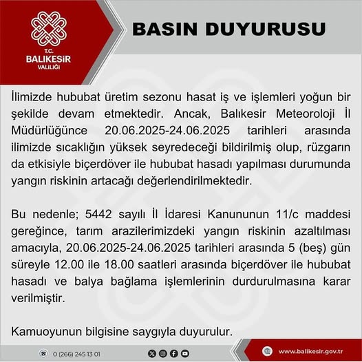 Balıkesir'de Yüksek Sıcaklıklar Nedeniyle Hasat Saatlerine Sınırlama Getirildi