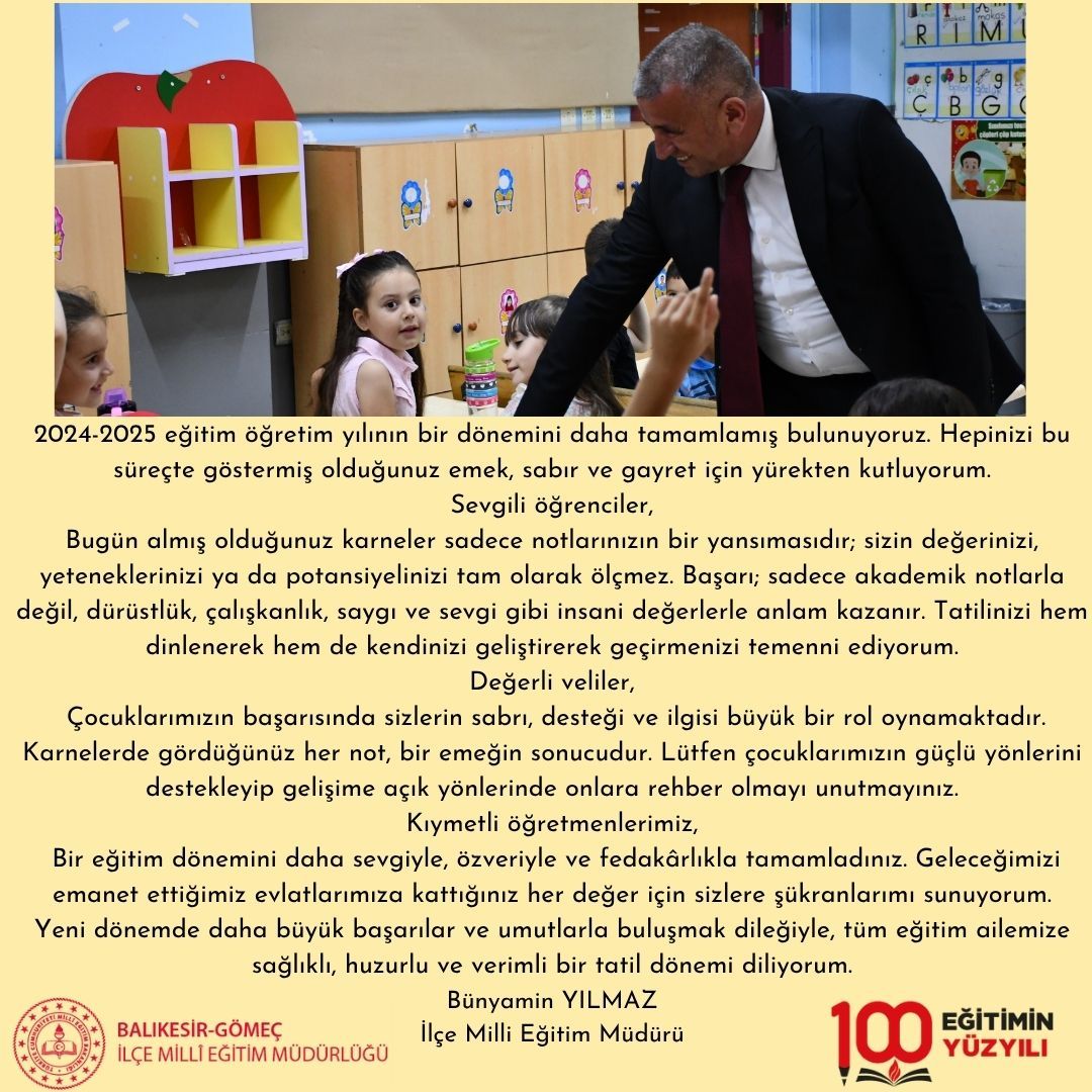 Gömeç İlçe Milli Eğitim Müdürlüğü'nden Yıl Sonu Mesajı