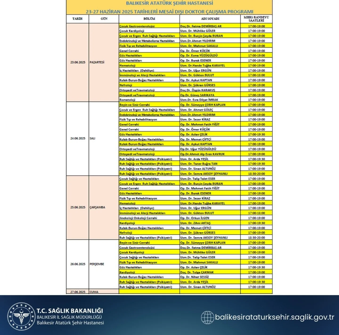 Balıkesir Atatürk Şehir Hastanesi'nde Mesai Dışı Doktor Çalışma Programı Açıklandı