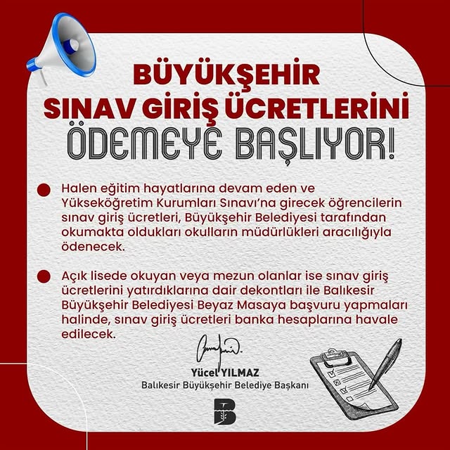 Balıkesir'de Üniversite Sınav Ücretleri Belediye Tarafından Karşılanacak