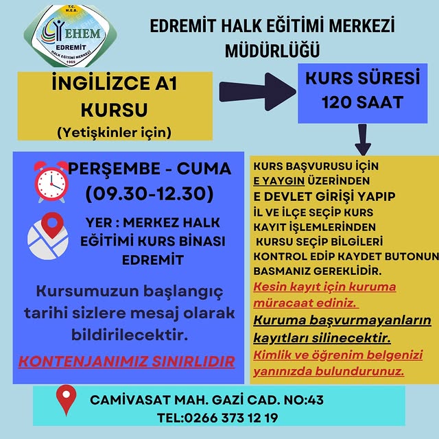 Edremit Halk Eğitimi Merkezi'nde Yeni Kurslar Başlıyor